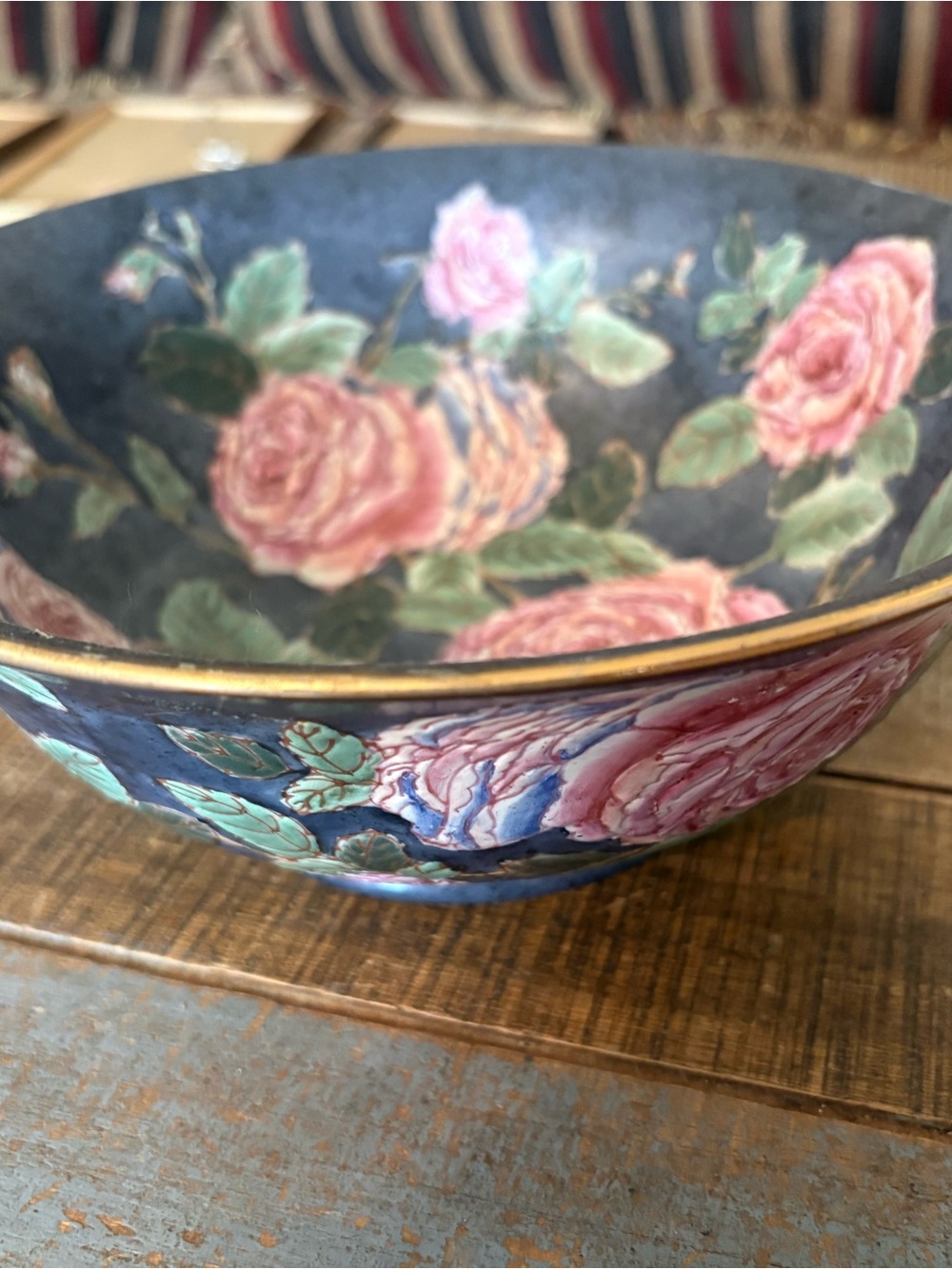 Chinese Floral Rose Decorative Home Art Bowl - Pink on Blue